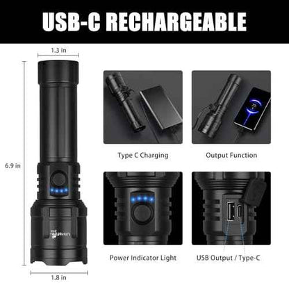 ULTRAFIRE Flashlights High Lumens with Ignition Lens, 1500 LM Super Bright Zoomable Tactical Flashlight with Holster, Reverse Charging, 3 Modes LED Rechargeable Flash Light for Camping, Emergency