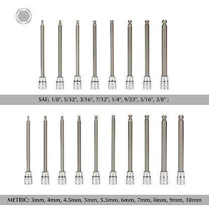 EMENTOL 18PCS 3/8" Drive Long Ball-End Hex Bit Socket Set, CR-V, S2 Steel, SAE/Metric, Extra Long Allen Bit Socket Set, 1/8 Inch - 3/8 Inch, 3mm - 10mm