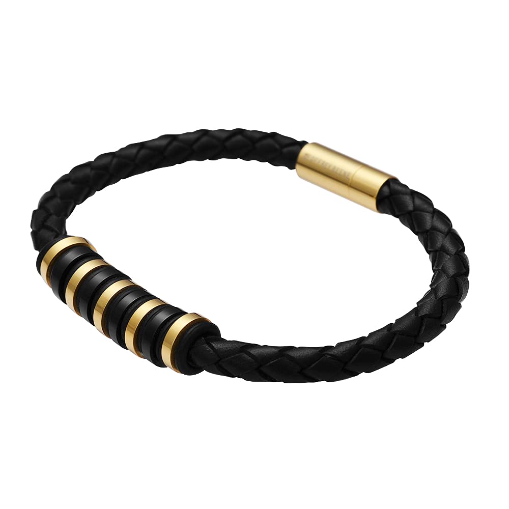 Geoffrey Beene Men's Genuine Braided Leather Bracelet with Stainless Steel Rubber Ornaments (Gold)