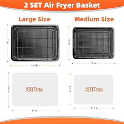 Air Fryer Basket, 2 Set Oven Air Fryer Basket and Tray with 60 PCS Parchment Papers, DEGOVIN Crisper Tray Non-stick Stainless Steel Air Fry Pans for Convection Oven(15.8" ¡¿ 11" & 13" ¡¿ 9.7"-Black)