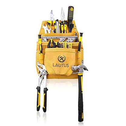 LAUTUS Nubuck Top Grain Leather Tool Pouch Bag | Carpenter, Construction, Framers, Handyman | 10 Pockets, 2 Hammer Holders | 100% Leather |
