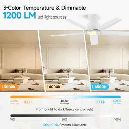 ocioc 44 inch Ceiling Fans with Lights and Remote, Dimmable Ceiling Fans with Reversible Quiet DC Motor, Flush Mount, 3CCT, White Ceiling Fan for Bedroom Living room Indoor/Outdoor