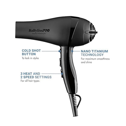 Nano Titanium 2000-Watt Blow Dryer with Concentrator Nozzle, Professional Grade Ionic Corded Styling Tool for Hair