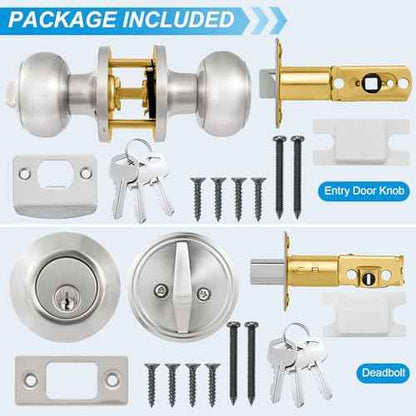 4 Pack Exterior Door Lock Set, Satin Nickel Door Knob and Deadbolt Combo Set, Keyed Alike Entry Door Knobs with Lock&Keys, Round Ball Door Locksets with Deadbolt for Entrance and Front Door