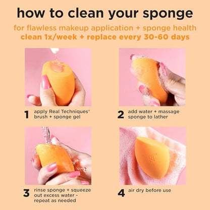 Real Techniques Miracle Complexion Sponge, Makeup Blending Sponge, For Liquid & Cream Foundation, Offers Light To Medium Coverage, Natural, Dewy Makeup, Orange Sponge, Latex-Free Foam, 1 Count