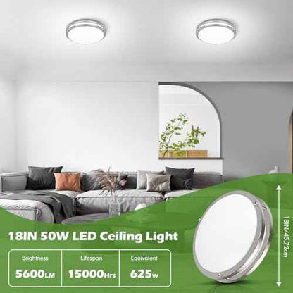 18IN 50W LED Flush Mount Ceiling Light, 5600lm Bright Dimmable LED Ceiling Light Fixture, 2700K-6500K Adjusted, Modern Kitchen Light Fixture Ceiling for Living Room Bedroom, Brushed Nickle, 1-Pack