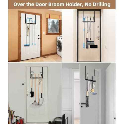 Broom Holder Over The Door 2Pack - 304 Stainless Steel Mop and Broom Hanger Wall Mounted or Hanging Over The Door with Hooks - Tool Organizer for Garage Closet Laundry Kitchen Decor