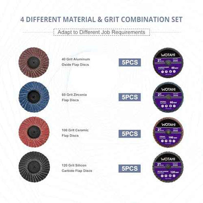 2 Inch Flap Disc Set, 20 PCS Angle/Die Grinder Flap Discs - 40 Grit Aluminum Oxide, 60 Grit Zirconia, 100 Grit Ceramic, 120 Grit Silicon Carbide with 1/4 Inch Shank Double Rod Replacement
