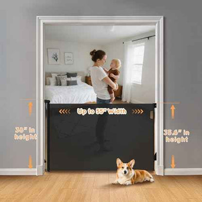 Retractable Baby Gate for Stairs, 55" Wide Mesh Pet Gate, Automatic Tension, One-Hand Operation, 38" Tall Baby Gates for Doorways, Hallways, Deck, Indoor Outdoor, Safe, Easy to Fit, Black