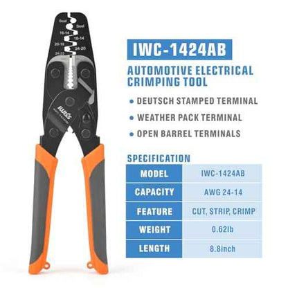 iCrimp IWC-1424AB Wire Crimping Tool for Weather Pack Terminals, Metri Pack Connectors, Open Barrel Terminals, Stamped Contacts with Built-in Wire Stripper and Wire Cutter