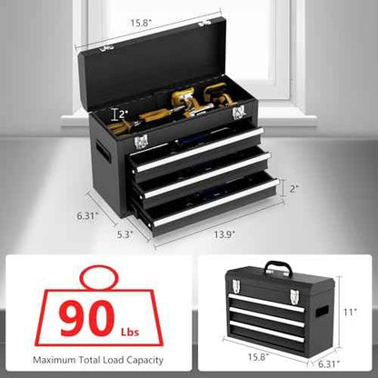 3 Drawer Metal Tool Box, Portable Metal Tool Box with EVC Liners and Latches Closure, Heavy Duty Steel Tool Chest with Ball Bearing Opening and Powder Coated Finish, Black
