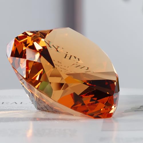 Amber Crystal Diamonds Paper Weights, Heart Shape Real Crystal Diamond Glass Gems Paperweight for Decoration 80mm, Big Diamonds Home Office Decor Valentine's Day Gift Wedding Favors with Gift Box