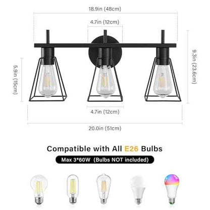 Farmhouse Bathroom Vanity Light Fixtures Over Mirror, Matte Black 3-Light Wall Sconce with Metal Cage, E26 Socket (Bulbs Not Included)
