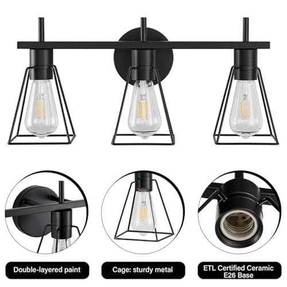 Farmhouse Bathroom Vanity Light Fixtures Over Mirror, Matte Black 3-Light Wall Sconce with Metal Cage, E26 Socket (Bulbs Not Included)
