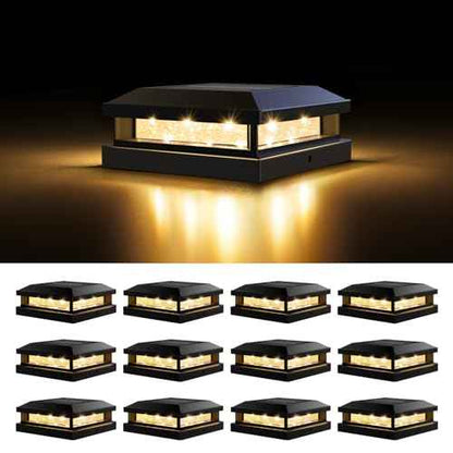 Solar Post Cap Lights Outdoor 12 Packs for 4x4 4.5x4.5 5x5 Vinyl/Wooden Posts, Waterproof Solar Powered Fence Post Light with Warm/Cool Lighting, Black 16LEDs Deck Cap Light for Garden, Patio, Porch