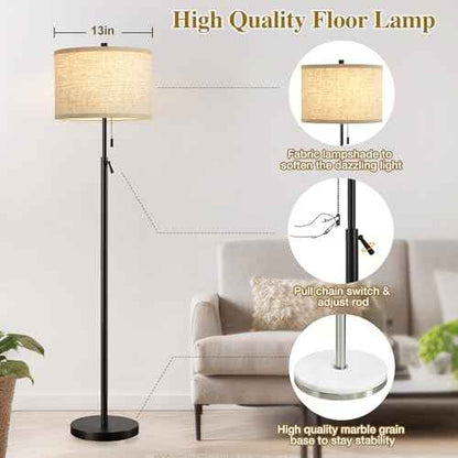 GyroVu Black Floor Lamp, Height Adjustable Standing Lamp Tall Lamp with Fabric Lampshade&Pull Chain Corner Floor Lamps for Living Room, Bedroom & Office Bulbs Not Included(Black Base)