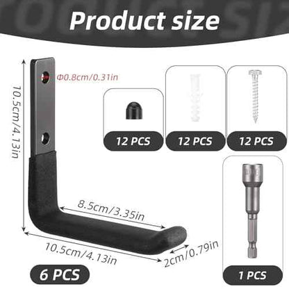 Heavy Duty Ladder Hooks for Garage Wall Storage - 6-Pack Metal J-Hooks, Utility Hangers for Ladder, Shovel, Tools (50 lb Capacity)
