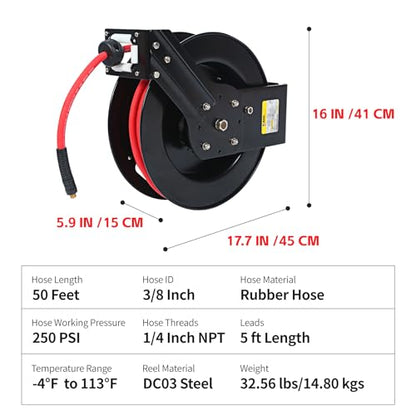 MaxWorks 80720 50ft Auto Rewind Retractable Reel with 3/8" x 50' Air Hose with Brass Fittings