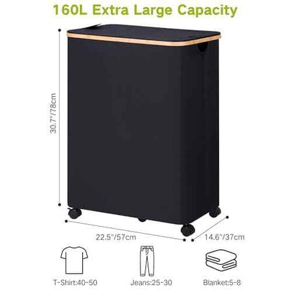 efluky Double Laundry Hamper with Wheels, Divided Laundry Hamper with Removable Bags, 2 Section Dirty Clothes Basket with Handles for Bathroom, Bedroom & Laundry Room, 160L Dark Black