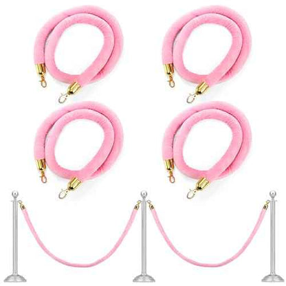 Okllen 4 Pack Velvet Stanchion Rope Pink, 5 Ft Crowd Control Ropes Safety Barriers with Polished Gold Clasps, Hanging VIP Rope for Red Pink Carpet Theme Event and Party Events Decor