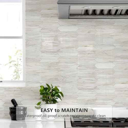 Vamos Tile Glossy Wood Marble Grain Backsplash Tile Peel and Stick, 12.8 x 12.8 Inch 10 Sheets Long Hexagon PVC Self Adhesive Mosaic Wall Tiles Stick on Backsplash for Kitchen and Bathroom
