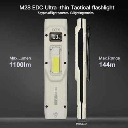 KZK EDC Tactical Flashlight, Flat Rechargeable Flash Light,Dual-Switches LED Pocket Flashlight with Digital Display,Stainless Steel 13 Modes Keychain UV Flashlight for Home,Camping,and Emergency