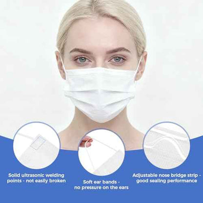 Individually Wrapped Disposable White Mask for Adults Men Women Teen Boys Girls 3-Ply Filter Protection Breathable Soft Face Cover with Longer Earloops 50 Pack Latex-free Large