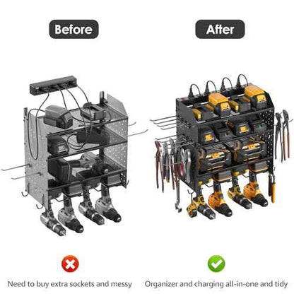 CCCEI Modular Power Tool Organizer with Charging Station. 4 Layer Wall Mount Drills Holder, Tool Battery Charger Organizer. Garage Shop Storage Utility Shelf with 10FT Power Strip, Gift for Men.