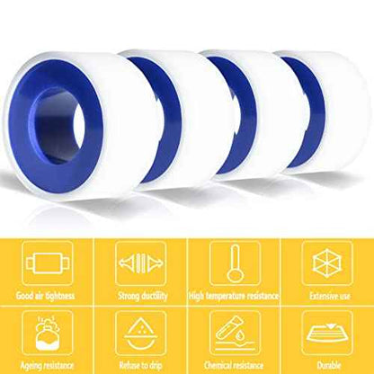 4 Rolls 3/4 Inch(W) X 520 Inches(L) Teflon Tape for Plumbers, PTFE Thread Seal, Pipe Sealing, Shower Head - White