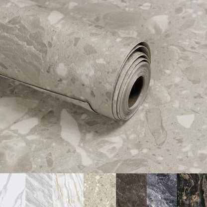 Marble Contact Paper for Countertops Cover - 12"x197" Matte Beige Peel and Stick Terrazzo Wallpaper - Removable Self Adhesive Thick Granite Vinyl Film Roll