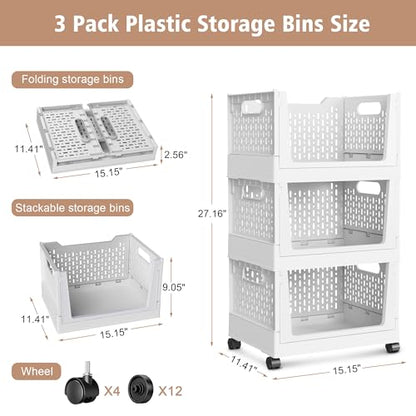 Stackable Storage Bins, Folding Collapsible Closet Organizers and Storage Bins Box, Plastic Shelves Drawer Organizer Container for Closet Office Bedroom Kitchen Bathroom with Wheels, White, 3 Pack