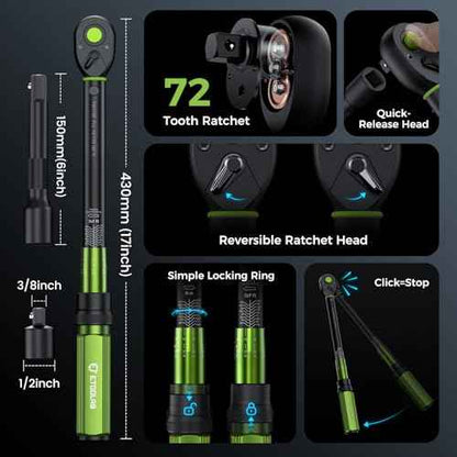 etoolab 1/2" Drive Click Torque Wrench with Deep Impact Socket (6~24mm),Dual-Range¡¼10-170ft.lb/13.6-230.5Nm¡½¡¾3% Precision,10" Extension Bar,Universal Joint,Drill Adapter