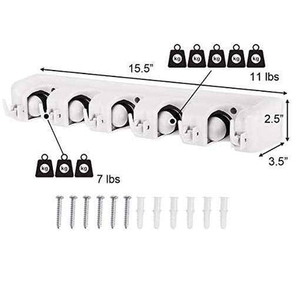 Tangkula Wall Mount Mop Broom Holder, Hanging Broom Organizer w/ 5 Slots & 6 Hooks, Home Storage Organizer Rack, Hanging Utility Rack for Home, Kitchen, Garage, Laundry (White)