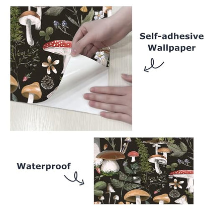 GaliGali Peel and Stick Wallpaper, Contact Paper for Bathroom/Home Decor£¬Black Boho Floral Wallpaper, Mushroom Removable Vinyl Waterproof Self-Adhesive Contact Paper, 17.3"x118", NO.A00121A-3
