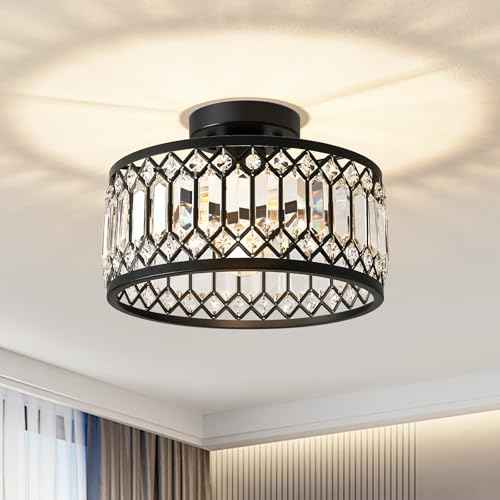 Crystal Black Ceiling Light, Modern Semi Flush Mount Ceiling Lighting Fixture, Round Hallway Lighting Fixtures for Kitchen Entryway Bedroom Laundry Room, 1-Light, 11.4 Inch