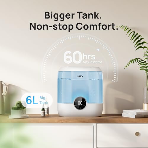 Dreo Smart Humidifiers for Bedroom, 6L Top Fill Supersized Cool Mist Humidifier for Large Room, 60 Hour Runtime, Quiet Ultrasonic Humidifier for Plants, Baby, Indoor, Home, Night Light, Black