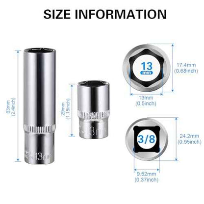 4-Piece 13mm Socket Set, 3/8-Inch Drive, 6-Point, Deep & Shallow Sockets, Corrosion Resistance, Compatible with Standard Ratchet Wrenches and Tools