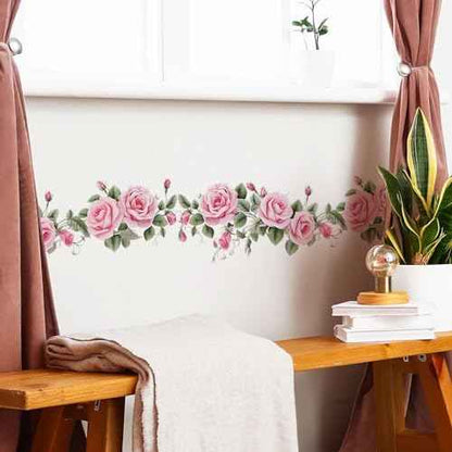 Pink Siren Rose Flower Vine Wall Stickers, sacinora Floral Art Botanical Wall Decals Removable Vinyl Peel and Stick for Furniture Door Living Room Bedroom Nursery Decorations