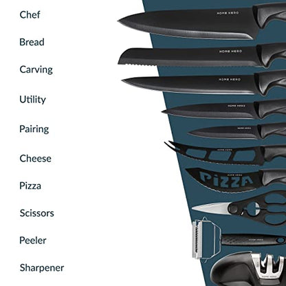 Home Hero Kitchen Knife Set with Sharpener - High Carbon Stainless Steel Knife Block Set with Ergonomic Handles (20 Pcs - Acrylic Black)