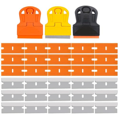 3 Pack Razor Blade Scraper Scraper Tool with Extra 15 Plastic Razor Blades and 15 Metal Blades£¬Adhesive Remover Removing Labels Stickers Taping on Glass Windows£¬Decal Sticker Remover
