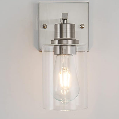 EMONG Brushed Nickel Bathroom Light Fixtures, 1-Light Vanity Lights with Clear Glass Shade, Wall Sconces for Hallway, Farmhouse, Living Room, Kitchen