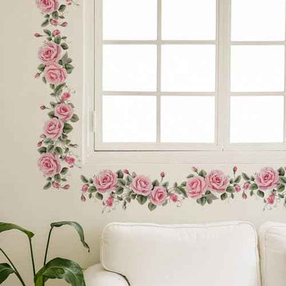 Pink Siren Rose Flower Vine Wall Stickers, sacinora Floral Art Botanical Wall Decals Removable Vinyl Peel and Stick for Furniture Door Living Room Bedroom Nursery Decorations