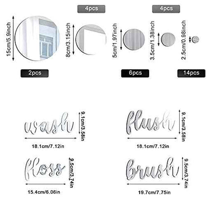 Nuanchu 30 Pcs Bathroom Wall Decals Brush Wash Flush Floss Stickers 3D Round Mirrors Wall Decal Self Adhesive DIY Acrylic Mirror Decor Beautiful Art Words Decor for Home Bedroom (Silver)