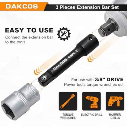 3 Pieces 3/8-Inch Drive Impact Extension Bar Set Includes 3 6 10 Inch Socket Extensions, Premium Chrome Vanadium Steel with Black Phosphate Finish