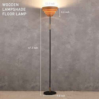 O'Bright Cascade Floor Lamp ? Modern Wooden Layered Lampshade, E26 Socket, Pull Chain Switch, Metal Base, Standing Lamp for Living Room, Bedroom, Office, Black