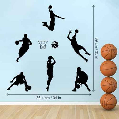 Basketball Dunk Wall Decal Stickers, 6 Man Playing Basketball Vinyl Art Wall Sticker for Bedroom Dorm Room Playroom Stadium Gym Home Decoration