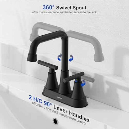 Matte Black Bathroom Sink Faucet, Hurran 4 inch Bathroom Faucets for Sink 3 Hole with Pop-up Drain and Supply Hoses, 360 Swivel Spout Centerset Faucet for Vanity RV Farmhouse, 2 Pack