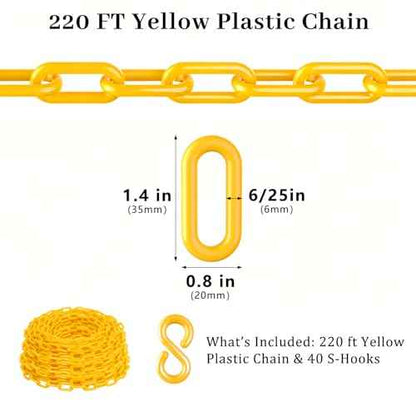 Plastic Chain, 220 FT Yellow Plastic Chain Links, Durable Plastic Safety Chain Barrier with 40 Hooks for Crowd Control, Private Property, Parking Lots, Driveways, Queue Line and Construction Sites