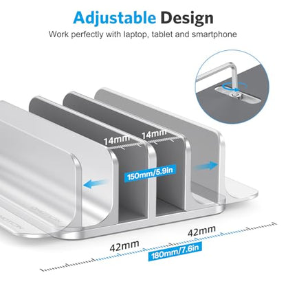 OMOTON [Updated Dock Version] Vertical Laptop Stand, Double Desktop Stand Holder with Adjustable Dock (Up to 17.3 inch), Fits All MacBok/Surface/Samsung/HP/Dell/Chrome Book (Silver)