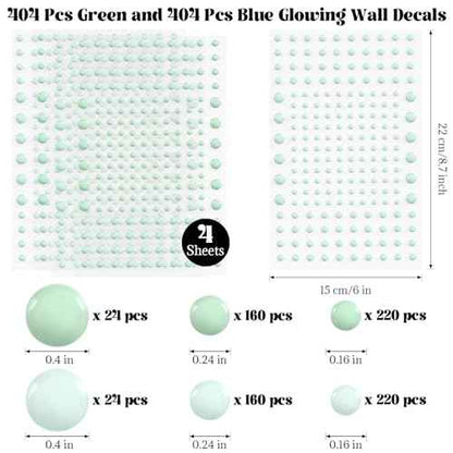 808 Pcs Glow in The Dark Stars for Ceiling, Glowing Stars Wall Decals, 3D Green and Blue Dots Starry Sky Shining Decor Stickers for Kids Bedding Room Birthday Gift Ceiling Decor